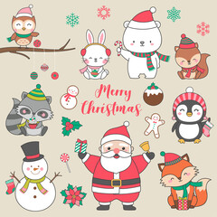 Set of cute cartoon animals and decorative elements for christmas.