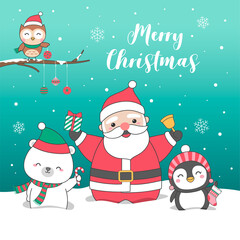 Cute santa claus and animals cartoon illustration for christmas holidays.