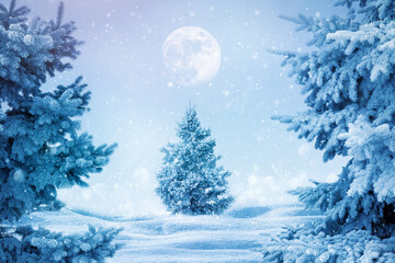 Winter Christmas background. Snow covered fir trees in the forest. Wonderland.