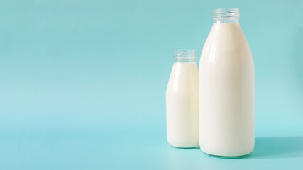 Two glass bottles of milk on a blue background. A liter and 0.5 liters of milk in glass bottles on a colored background a place for text	