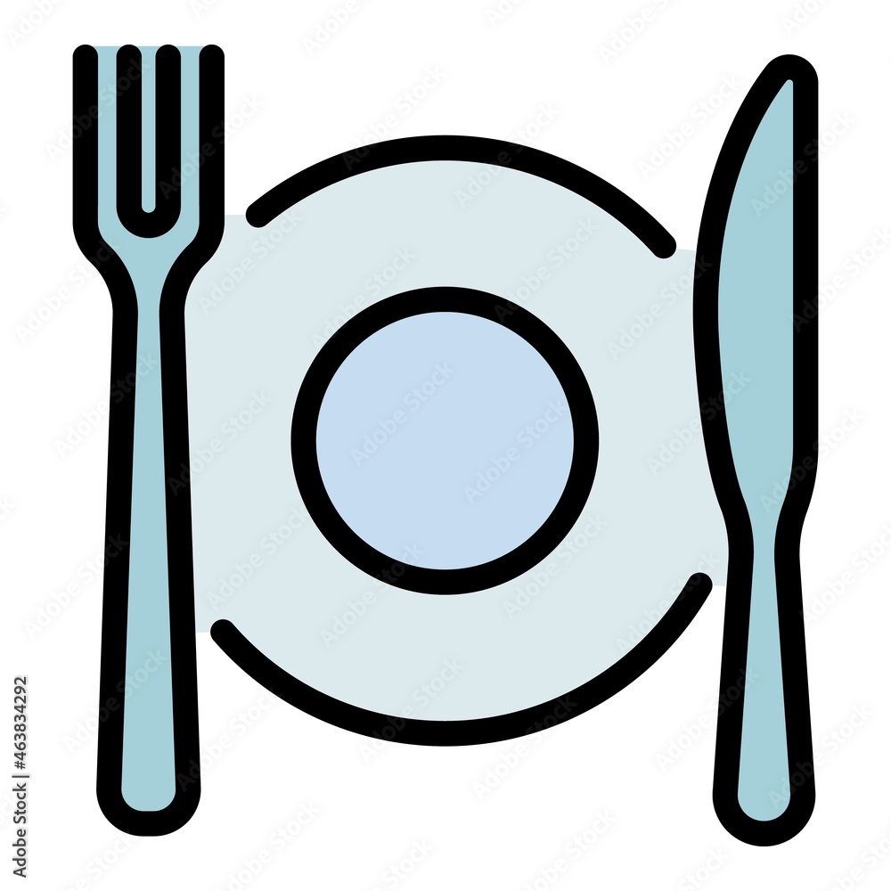 Poster plate fork knife icons set. outline set of plate fork knife vector icons thin line color flat on whi