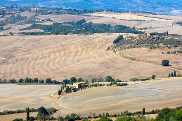 Pienza (SI), Italy - August 15, 2021: View from Pienza village, Tuscany, Italy