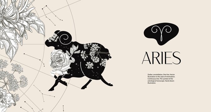 Zodiac sign Aries. Black silhouette with white flowers. Horizontal background