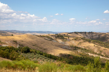 Val d' Orcia (SI), Italy - August 05, 2021: Typical landscape in val d' Orcia, Tuscany, Italy