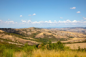 Val d' Orcia (SI), Italy - August 05, 2021: Typical landscape in val d' Orcia, Tuscany, Italy