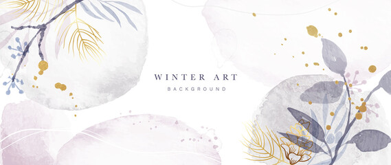 Fototapeta Winter background vector. Hand painted watercolor and gold brush texture, Flower and botanical leaves hand drawing. Abstract art design for wallpaper, wall arts, cover, wedding and  invite card.  obraz