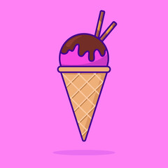 Ice Cream Waffle Cone on Pink Background. Summer Ice Cream with Chocolate and Cookie. Frozen Sweet Sundae Ball and Cone Waffle in Cartoon Style. Isolated Vector Illustration
