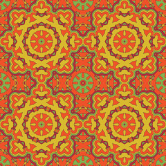 Vector seamless background with flowers. Round pattern. Endless colorful texture with doodle elements. Use for wallpaper, textile, book cover, clothes. In yellow and green colors
