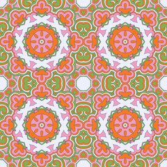 Vector seamless background with flowers. Round pattern. Endless colorful texture with doodle elements. Use for wallpaper, textile, book cover, clothes. In green, orange and rose
