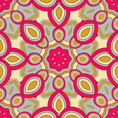 Vector seamless background with flowers. Round pattern. Endless colorful texture with doodle elements. Use for wallpaper, textile, book cover, clothes. In yellow and red colors
