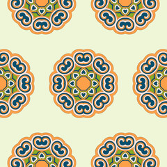 Vector seamless background with flowers. Round pattern. Endless colorful texture with doodle elements. Use for wallpaper, textile, book cover, clothes. In blue and yellow colors
