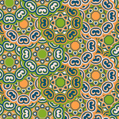 Vector seamless background with flowers. Round pattern. Endless colorful texture with doodle elements. Use for wallpaper, textile, book cover, clothes. In blue, green and orange colors
