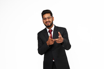 Portrait of happy young indian manager on white isolated background