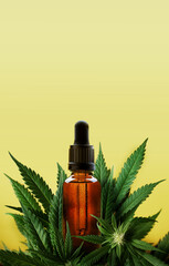 Glass dropper bottle of cannabis oil with marijuana plants and yellow background