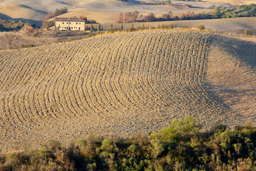 Val d' Orcia (SI), Italy - August 05, 2021: Typical landscape in val d' Orcia, Tuscany, Italy