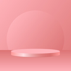blank pink round pedestal. metallic circular podium for outstanding luxury product advertising display base with circle overlap backdrop isolated on pink background