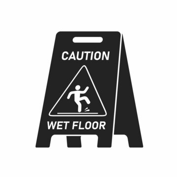 Black wet floor caution sign isolated on white background, Public warning symbol clipart. Slippery surface beware plastic board design element. Falling human pictogram. Vector illustartion
