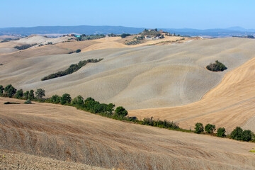 Val d' Orcia (SI), Italy - August 05, 2021: Typical landscape in val d' Orcia, Tuscany, Italy