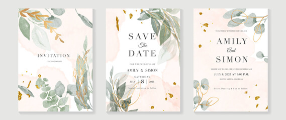 Luxury wedding invitation card background  with golden line art flower and botanical leaves, Organic shapes, Watercolor. Abstract art background vector design for wedding and vip cover template. © TWINS DESIGN STUDIO
