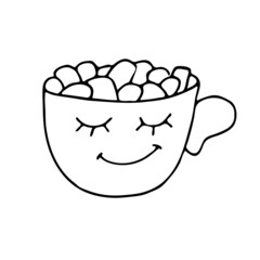 Cup of coffee, cocoa or hot chocolate vector doodle. Hand drawn line illustration. A symbol of comfort, good morning, cheerfulness, good mood, kindness, calmness.