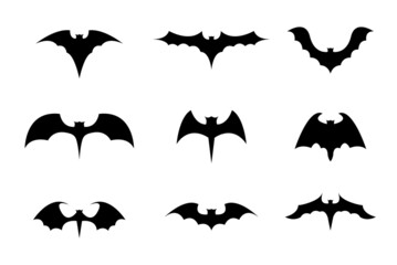 Set of nine black silhouettes of bats on white background.