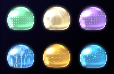 Different energy protection spheres set. Science fiction deflector elements, firewall absolute protection isolated on black background, Realistic 3d vector set