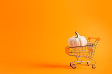 Toy shopping cart with white pumpkin on orange background with copy space. Halloween banner, shopping concept.