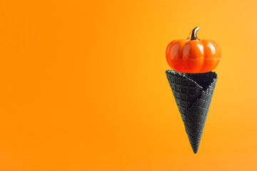 Black waffle ice-cream cone with big pumpkin levitating on orange background. Halloween holiday concept