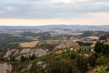 Fototapeta premium Chiusure, Asciano (SI), Italy - August 15, 2021: Landscape view from Chiusure village, Asciano, Tuscany, Italy
