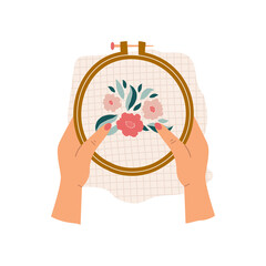 Female hands holding embroidery hoop with floral embroidery isolated on white background.  Modern  colorful vector hand drawn illustration © Elena