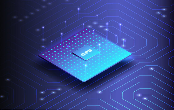 Futuristic projection of the microchip of the future. 3D closeup of cpu for web design. CPU isometric banner. Central Computer Processors CPU concept.Digital chip