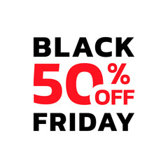 Black Friday sale icon, label or tag with 50 percent price off. Modern discount card or promotion banner design element. Vector illustration.