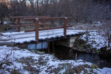 A small bridge in the forest across the river.