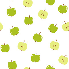 Seamless pattern with green apples and apples in a cut in cartoon style on a white background.