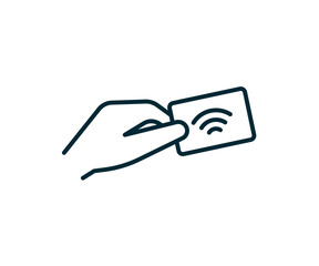 Obraz premium Contactless technology payment card for purchases via nfc, rfid, icon line. Wireless pay transaction sign. Payment on checkout credit card. Vector illustration