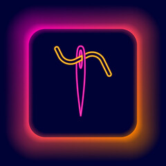 Glowing neon line Needle for sewing with thread icon isolated on black background. Tailor symbol. Textile sew up craft sign. Embroidery tool. Colorful outline concept. Vector