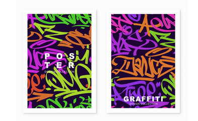 multicolored graffiti poster  background with marker letters, bright colored banner lettering tags in the style of graffiti street art. Vector illustration template set
