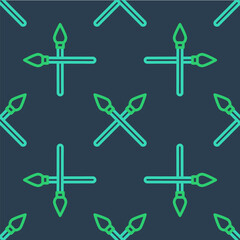 Line Crossed medieval spears icon isolated seamless pattern on blue background. Medieval weapon. Vector