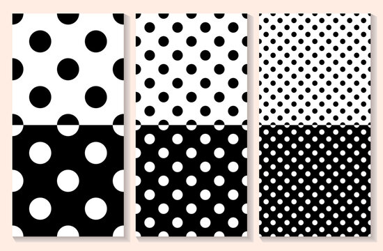 Polka dot seamless pattern set. Black and white retro vector background. Geometric fabric swatch with circles. Vintage repeat tile