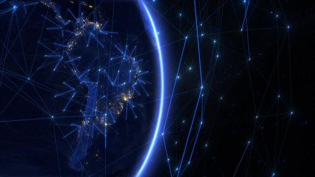 Animation of Earth Rotating. South America  Map with Bright Technology Connections and City Lights. Blue Lines and Nodes Representing Satellite and Mobile Signals. 
