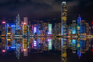 Cityscape with skyscraper at night in Hong Kong.