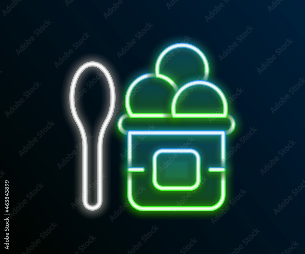 Poster glowing neon line ice cream in the bowl and spoon icon isolated on black background. sweet symbol. c