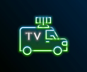 Glowing neon line TV News car with equipment on the roof icon isolated on black background. Colorful outline concept. Vector