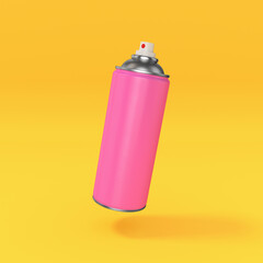 Pink paint spray can with open lid on yellow background, 3d render