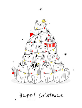 Christmas tree with cats. Doodle cartoon style.