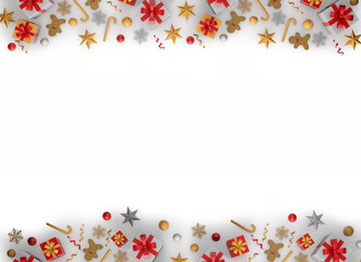 Christmas background with gifts and Christmas decorations isolated from white background, top view with copy space