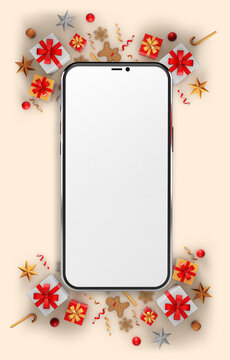 Vertical image of a smart phone on a christmas background with gifts and christmas decorations, top view with copy space