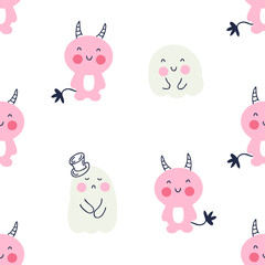Halloween seamless pattern with ghosts and devils. Perfect for T-shirt, textile and prints. Hand drawn vector illustration for decor and design.
