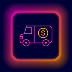 Glowing neon line Armored truck icon isolated on black background. Colorful outline concept. Vector