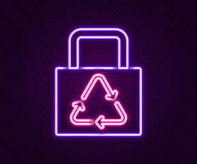 Glowing neon line Paper shopping bag with recycle icon isolated on black background. Bag with recycling symbol. Colorful outline concept. Vector